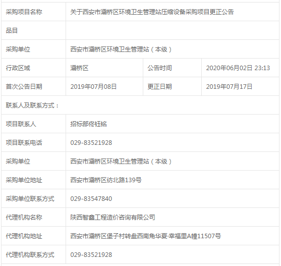 西安市灞桥区环境卫生管理站压缩设备采购变更