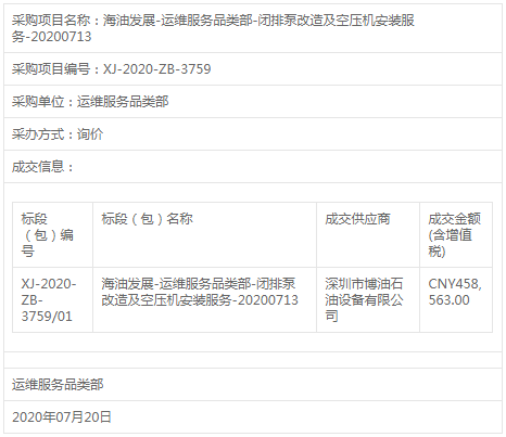 海油发展运维服务品类部闭排泵改造及空压机采购结果