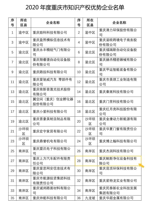 鲍斯净化获批“重庆知识产权优势企业”称号