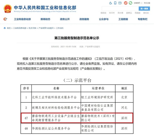 蘑菇物联入选工信部第三批“服务型制造示范名单”！